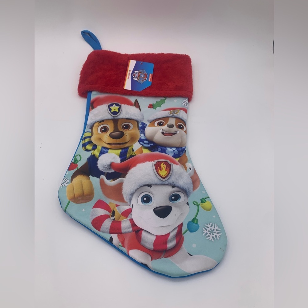 Paw Parol Christmas Stocking 16” Blue With Red Faux Fur NWT